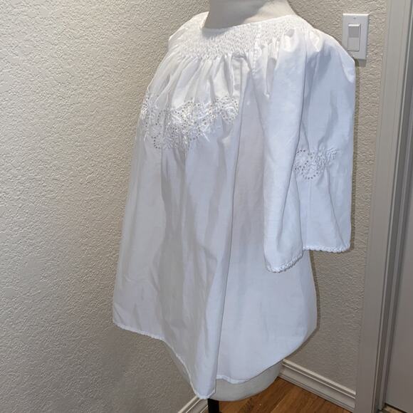 Women’s Short Sleeve Peasant Shirt Ruched Eyelet Cotton White Loose Fit Sz XXL - Picture 4 of 8